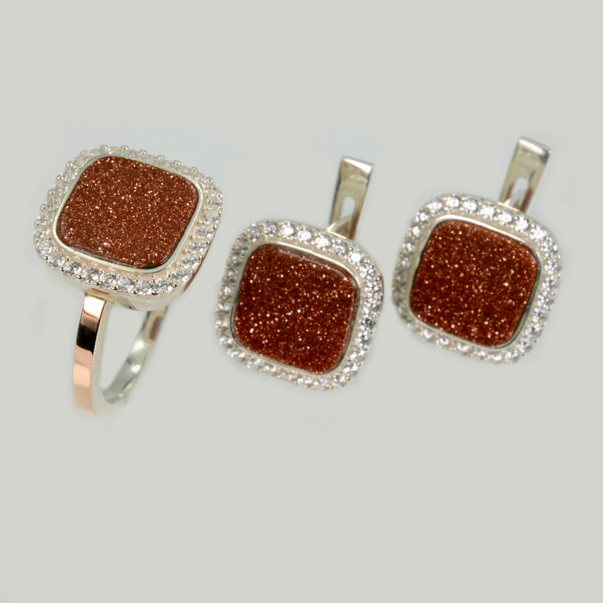 Срібний комплект з авантюрином і фіанітами