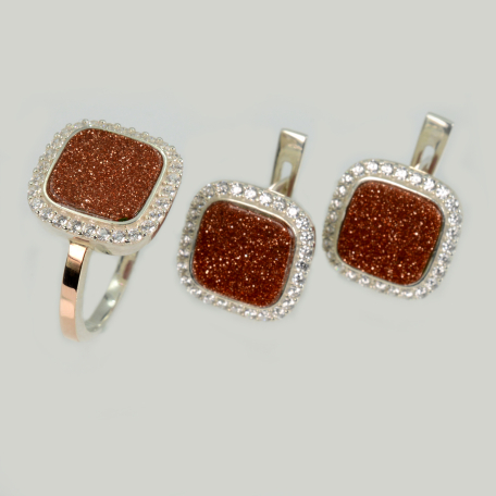 Срібний комплект з авантюрином і фіанітами