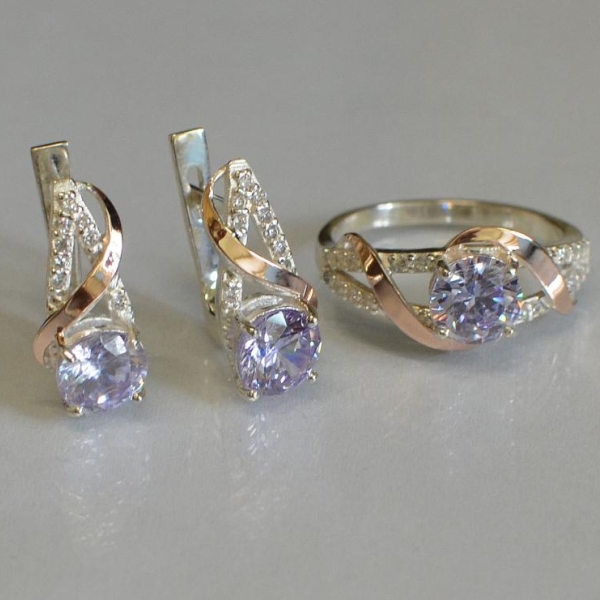 Срібний комплект прикрас з золотими вставкми