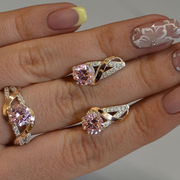 Срібний комплект прикрас з золотими вставкми