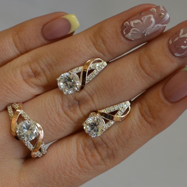 Срібний комплект прикрас з золотими вставкми