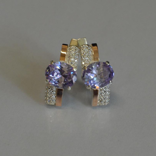 Срібні сережки з золотими пластинами і фіанітами