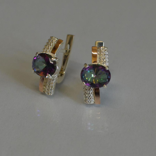 Срібні сережки з золотими пластинами і фіанітами