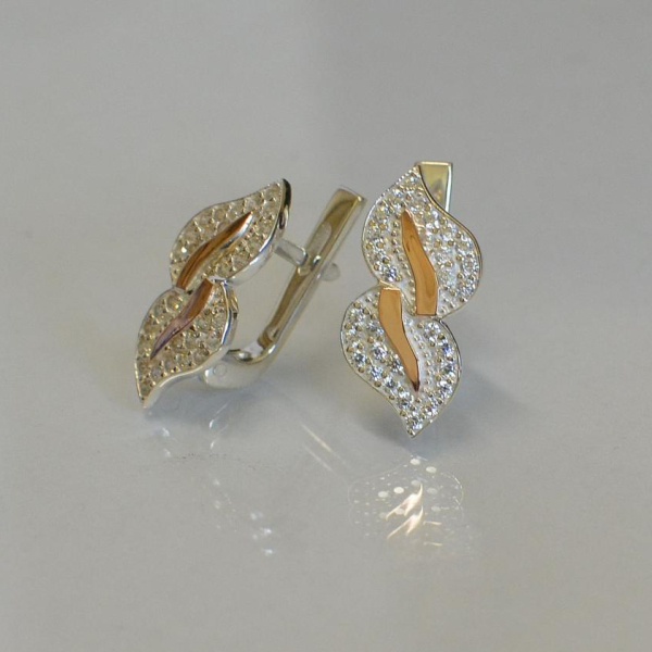 Срібні сережки з золотими пластинками і фіанітами