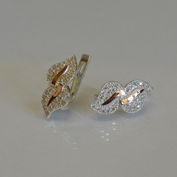 Срібні сережки з золотими пластинками і фіанітами