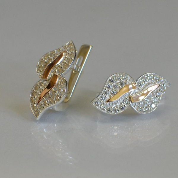 Срібні сережки з золотими пластинками і фіанітами