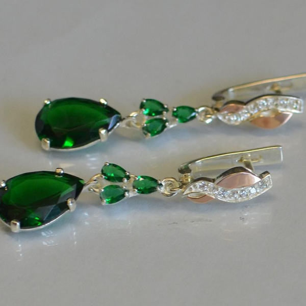 Сережки срібні з золотими пластинами і фіанітами