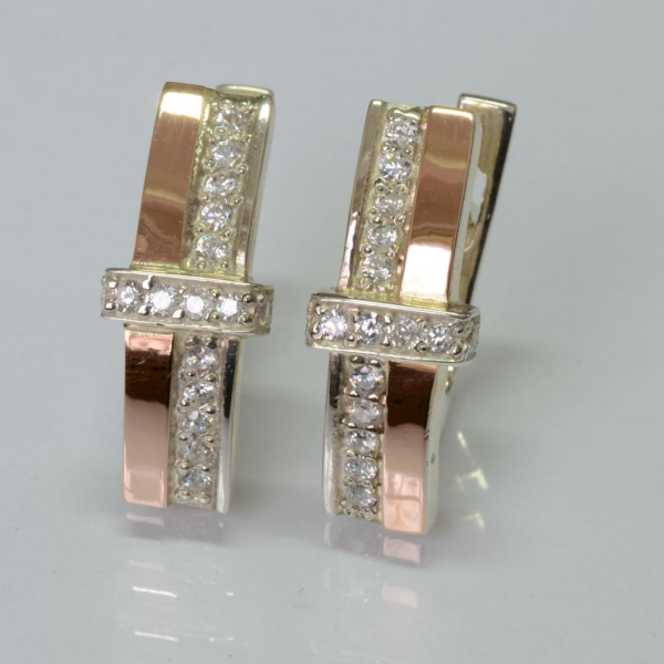 Сережки срібні з золотими вставками і фіанітами