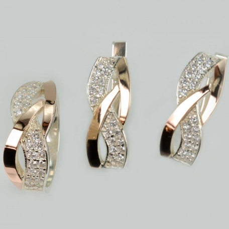 Срібний набір сережки та каблучка з фіанітами