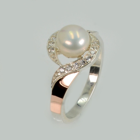 Срібна каблучка з золотоми вставками та перлиною