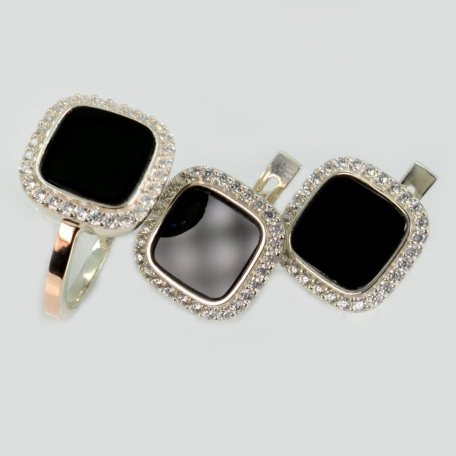 Срібний комплект з оніксом і фіанітами