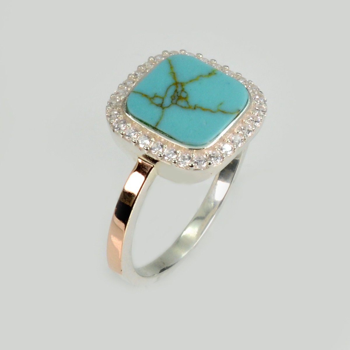 Срібна каблучка з бірюзою та фіанітами