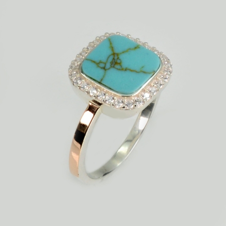 Срібна каблучка з бірюзою та фіанітами