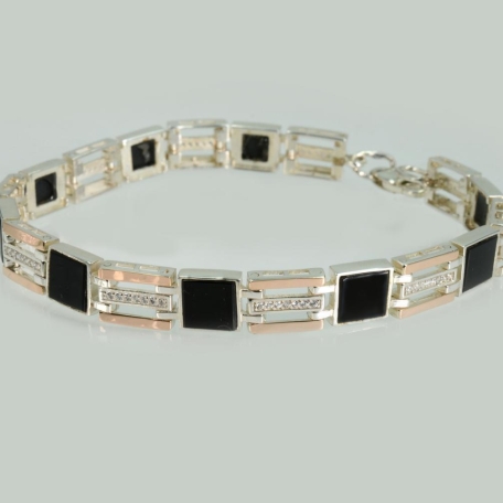 Чоловічий срібний браслет з золотими пластинами та оніксом