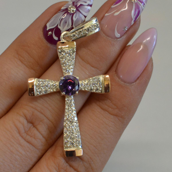 Срібний хрестик  з золотими вставками